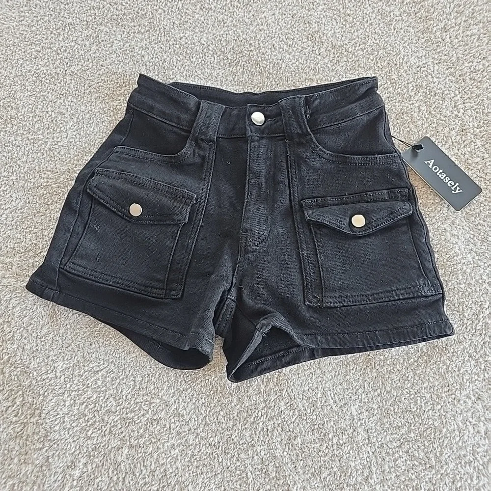 Aotasely Stretch‎ Jean Shorts Mid Waisted Juniors XS Black Denim NWT Festival